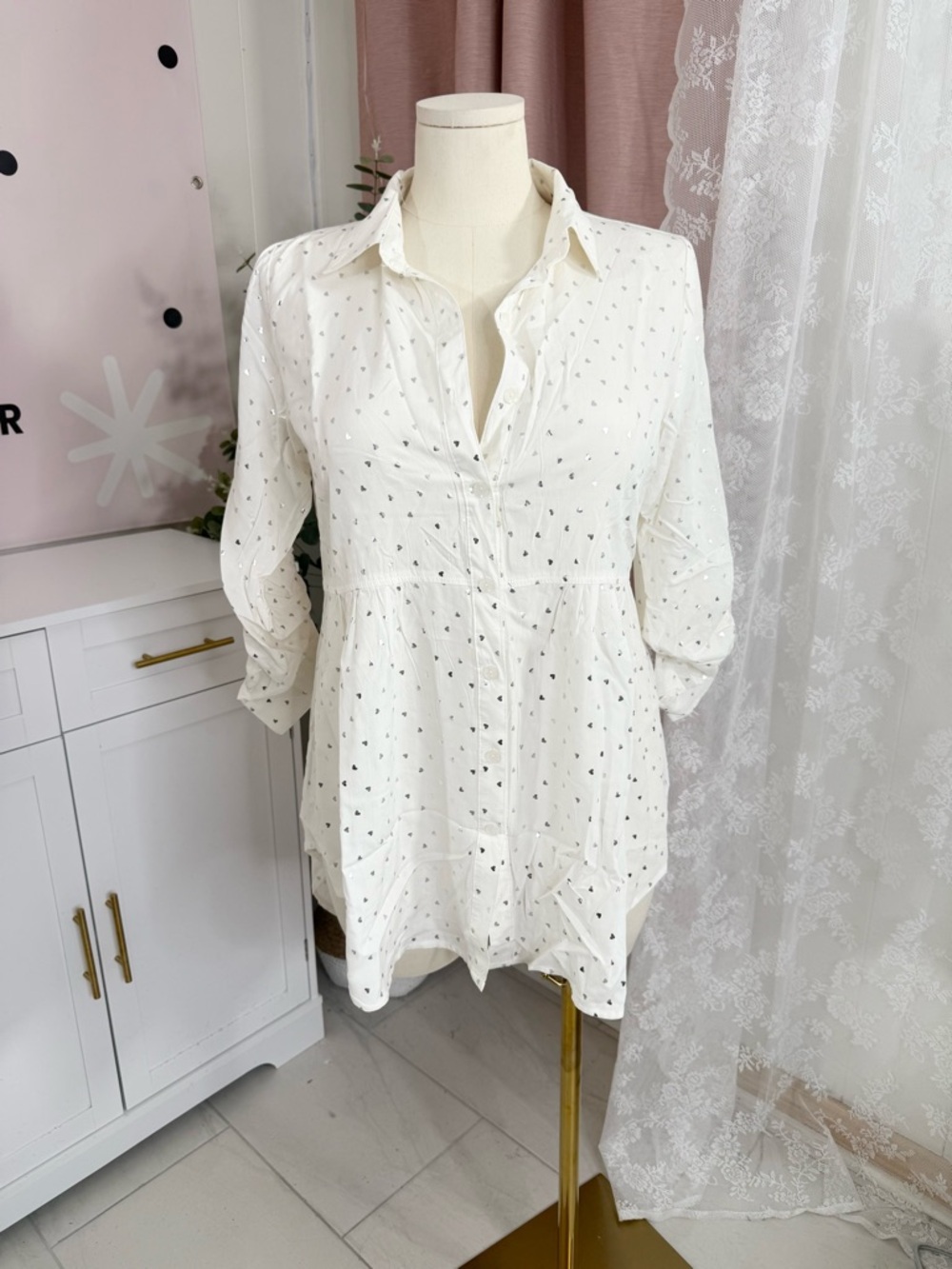 Solitaire White Eyelet Button-Front Tunic Top Bin#1